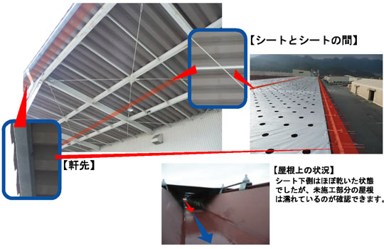 施工後の出荷ヤード画像。シート下側はほぽ乾いた状態でしたが、未施工部分の屋根は濡れているのが確認できます。